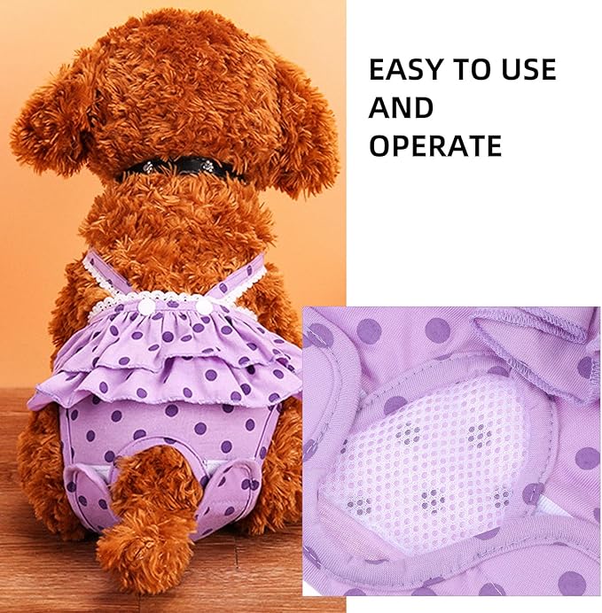 BESTonZON Pet Diaper Female Dog Physiological Nappies with Strap Polka Dot Skirt Design, Reusable Puppy Diapers Large Size for Heat Cycle Sanitary Protection