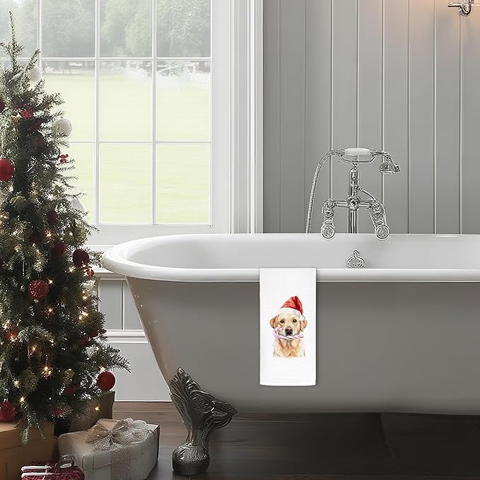 Christmas Labrador Retriever Kitchen Dish Towels, Labrador Retriever Gifts for Women, Funny Santa Hat Candy Cane Dog Holiday Decorative Hand Tea Towels for Bathroom, 16x24 Inch