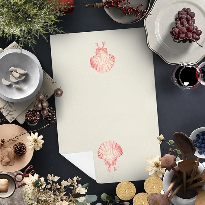 Coquette Pink Bow Seashell Beach Kitchen Towels&Preppy Beach Coastal Nautical Hand Dish Towels for Kitchen Bathroom&Beach Girly Coquette Bathroom Decor, 16x24 Inch