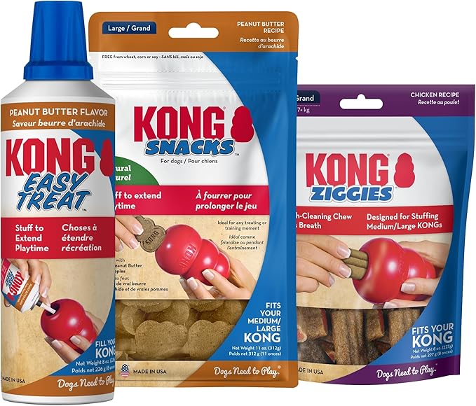 Kong Peanut Butter Treats Combo - Includes Kong Easy Treat Spray, Snacks & Enhanced Ziggies - Medium/Large Dogs