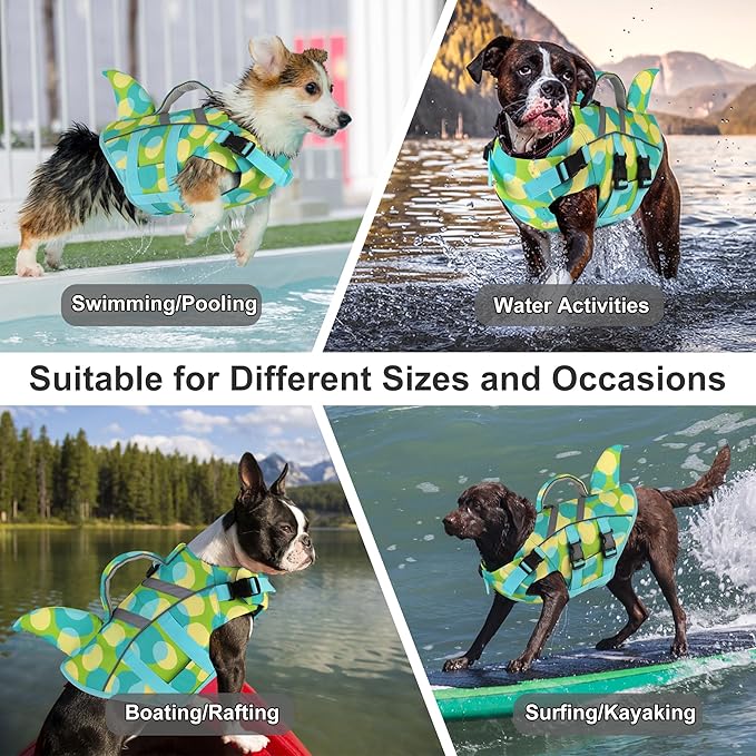 Dogcheer Shark Fin Dog Life Jacket, Adjustable Dog Harness Life Vest for Swimming Boating, Puppy Swim Vest Pet Flotation Device for Small Medium Large Dogs - Colorful Green,L