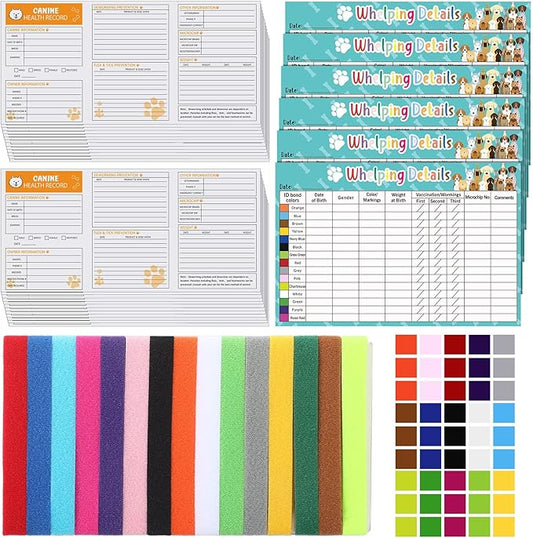 Harloon 47 Pcs Newborn Puppy Collar Health Record Charts Kit Soft Nylon Whelping Puppy Collars Identification Newborn Pets for Pets Pups Assorted Colors