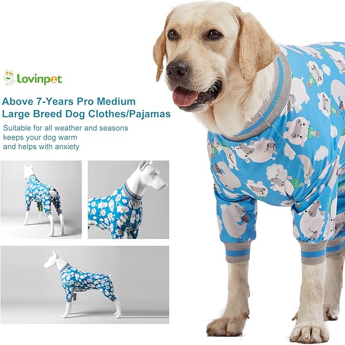 LovinPet Large Dog Clothes/Big Dog Onesie, Slim Fit, Lightweight Pullover/Full Coverage Dog Pjs/Happy Hippo Blue Print/Large Husky Pajamas/Medium