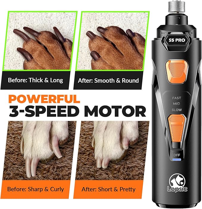 Whisper Quiet Dog Nail Grinder with LED Light, Safe & Stress-Free for Sensitive Dogs of All Breeds & Sizes, 3 Grinding Bits, 3-Speed, Pet Nail Trimmers, Rechargeable Painless Grooming Kit