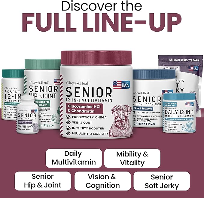 12-in-1 Multivitamin for Senior Dogs - 60 Senior Dog Vitamin and Supplement Soft Chews for Hip and Joint - Advanced Formula with Glucosamine, Omega 3,6,9, Vitamins, Probiotics - Made in the USA