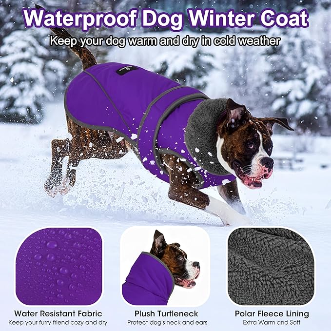 Dogcheer Dog Coat, Waterproof Dog Jacket Reflective Pet Winter Coat with Adjustable Hook & Loop, Christmas Puppy Fleece Jacket Warm Turtleneck Snowsuit for Small Medium Large Dogs - Purple, XL