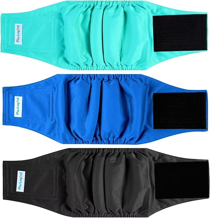Paw Legend Washable Dog Belly Band Wrap Diapers for Male Dog | High Absorbing Puppy & Doggy Diapers Male (3 Pack,Blue,Aqua,Black,Medium)