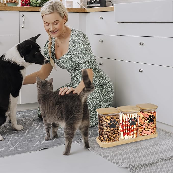 Morezi Dog Treat Container airtight Treats jar for countertop Closet Dog Food Storage 3 Jars with Tray Great for organizing pet Dogs Cats Birds Animal Food Treats Snack
