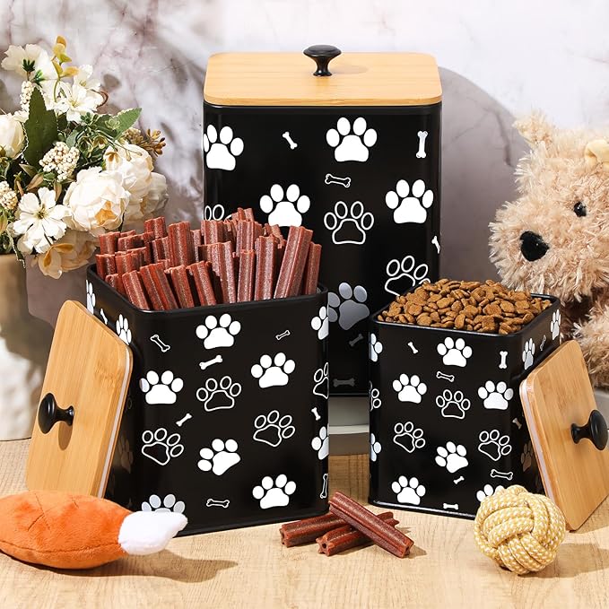 Airtight Dog Treat Container Set of 3 with Bamboo Lids Metal Treat Jars for Countertop Decorative Pet Snack Storage Canister Kitchen Biscuit Holder(Black)