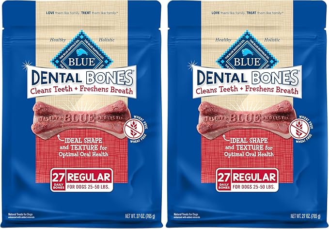 Blue Buffalo Dental Bones Regular Natural Dental Chew Dog Treats Bag Value Pack,(Pack of 2)