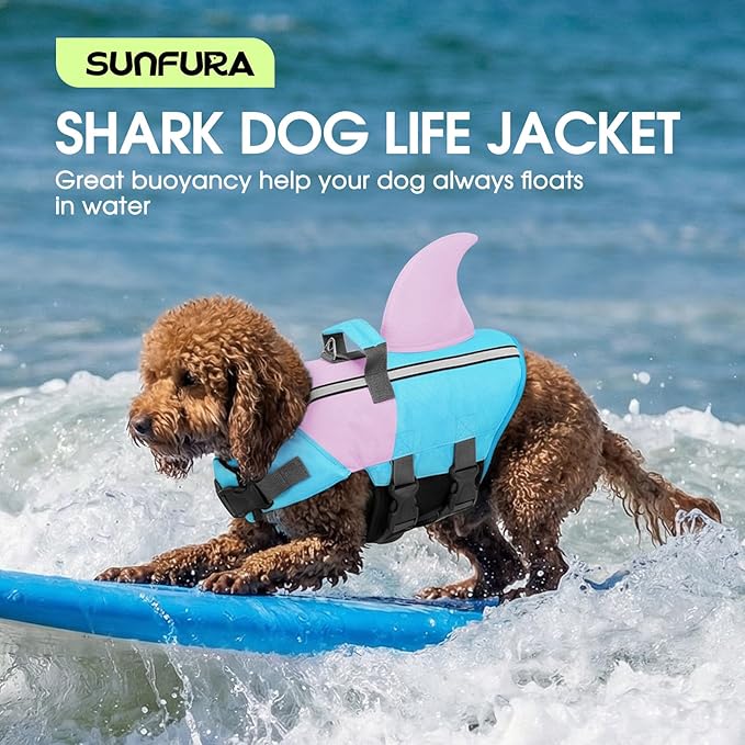 SUNFURA Dog Life Jacket Shark Life Vest for Dogs, Adjustable Swmming Vest with High Buoyancy, Safety Lifesaver with Rescue Handle for French Bulldog Small Medium Breeds, BluePink L