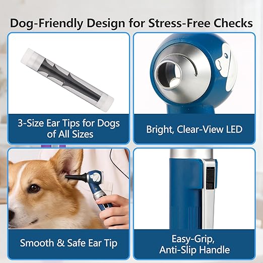 Pocket Veterinary LED Otoscope - Pet Ear Scope with Light for Dogs & Cats, 6 Disposable Tips (4/6/9mm), Portable Ear Infection Detector (Blue)