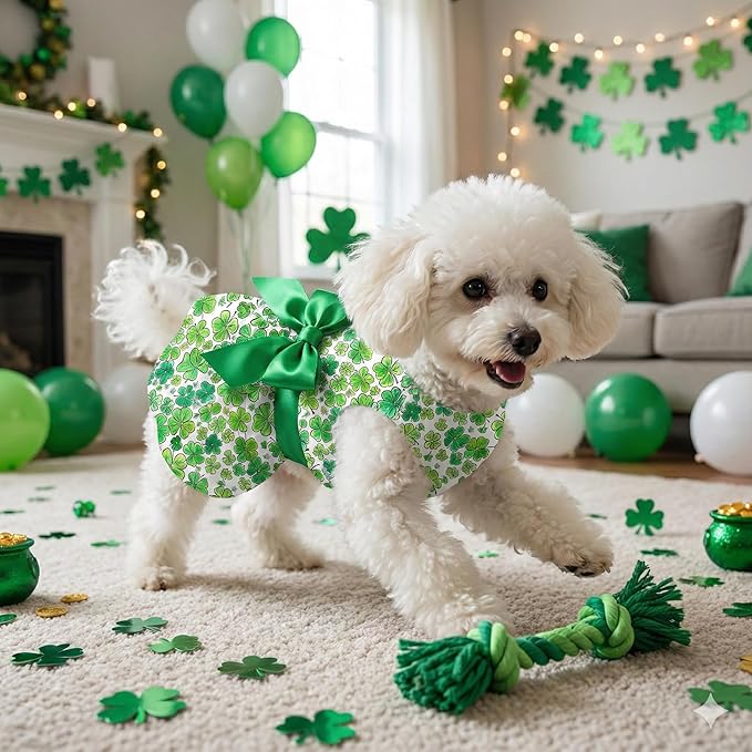 St. Patrick Day Dog Dress Holiday Irish Lucky Clover Dress Outfits Skirt for Small Boys and Girls Puppies Pets Doggie