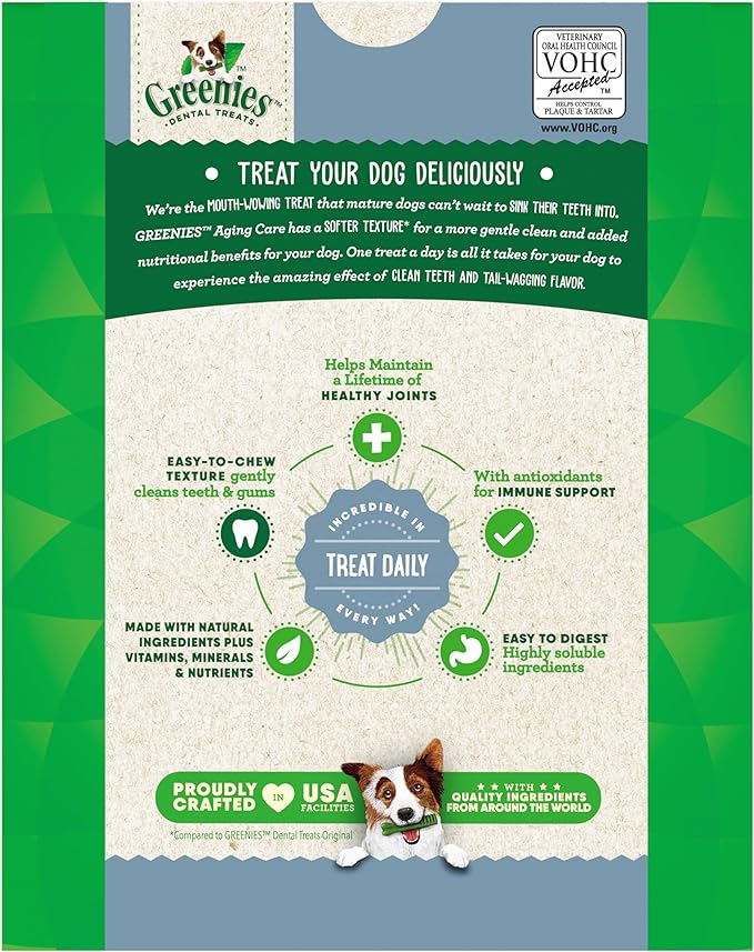 Greenies Dental Treats for Dogs, Veterinarian-Recommended Aging Care Adult Natural Dental Dog Treats, Regular Size, 27 oz. Pack, 27 Count
