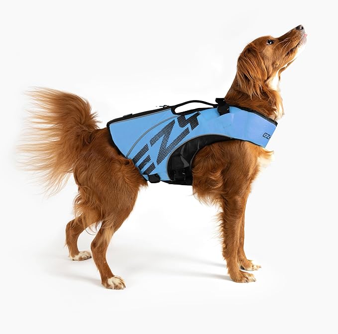 EzyDog DFD X2 Dog Life Jacket - Adjustable Swimming Safety Life Vest Preserver with Continuous Neck Flotation, Reflective Trim, & Grab Handle (4XS, Blue)