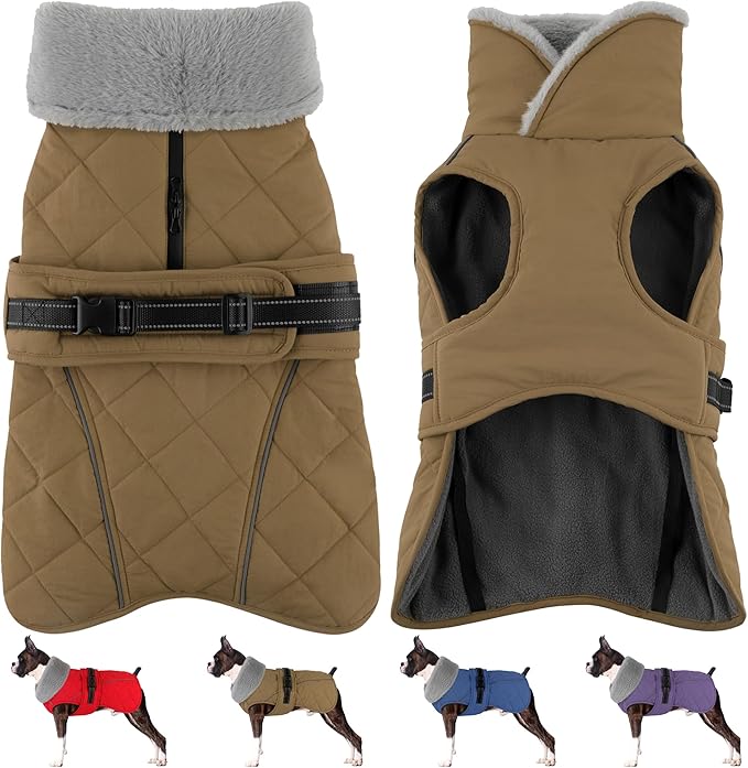 Dog Coat, Waterproof Dog Winter Jacket with Adjustable Buckle, Reflective Turtleneck Pet Snow Vest Warm Fleece Sweater for Small Medium Large Dogs - Khaki, 2XL