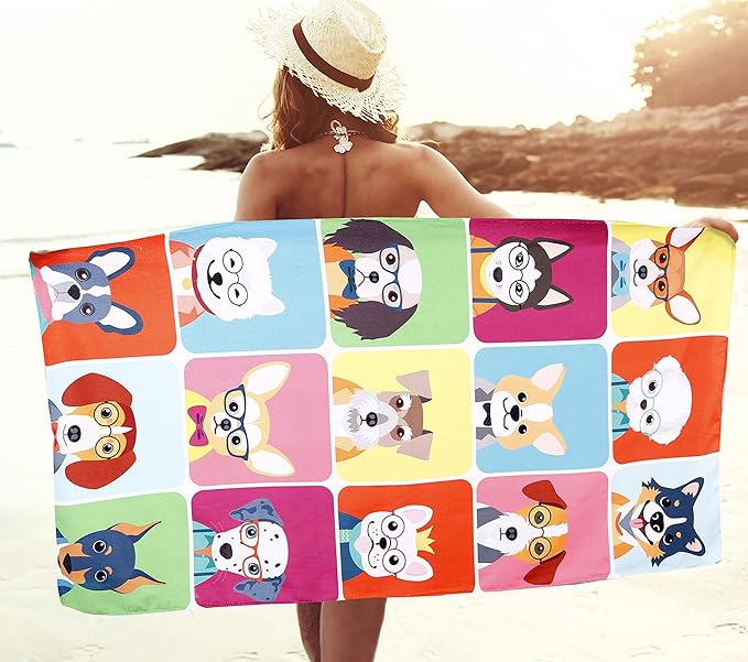 LIVILAN Dog Beach Towel, Playful Pups Design, Soft Quick-Dry Microfiber, Sand-Free 30" x 60" Oversized for Pool, Bath, Swim, Ideal for Women, Girls, Kids, Perfect Home Decor & Gift