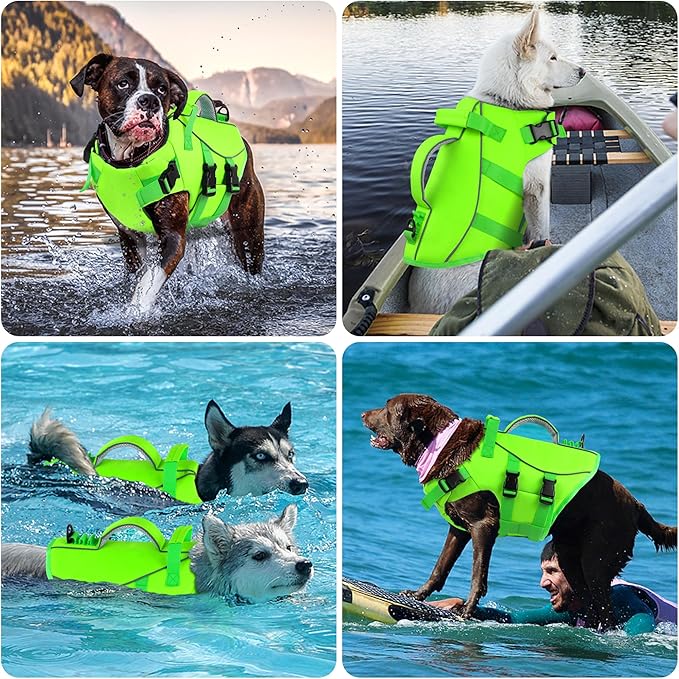 Dogcheer Dog Life Jacket with Double Rescue Handle, Reflective Dog Harness Life Vest for Swimming Boating, Adjustable Pet Swim Vest Dog Flotation Device DFD for Small Medium Large Dogs - Green S