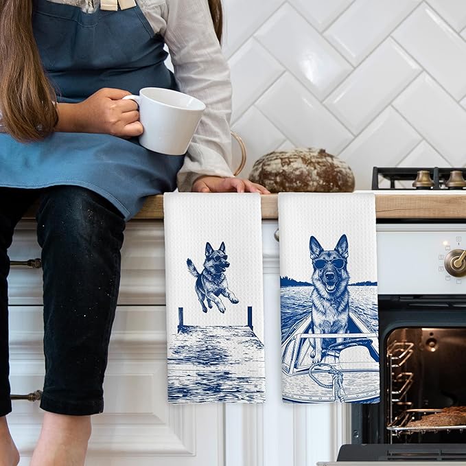 Lake House Decor German Shepherd Kitchen Towels Set of 2, Summer Funny Lake Dog Coastal Bathroom Hand Towel, Dog Lover Gifts Tea Towel Dish Towels 16x24 Inch