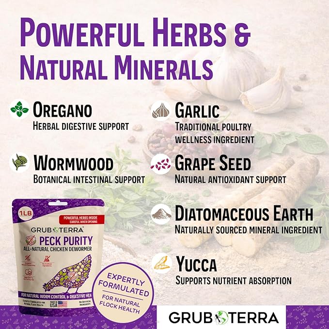 PeckPurity Natural Chicken Herbal Supplement Dewormer – Daily Gut Support with Diatomaceous Earth & Yucca Extract – for Hens, Chicks & Wild Birds – Plant-Based Digestive Health Blend – USA (1 LB)