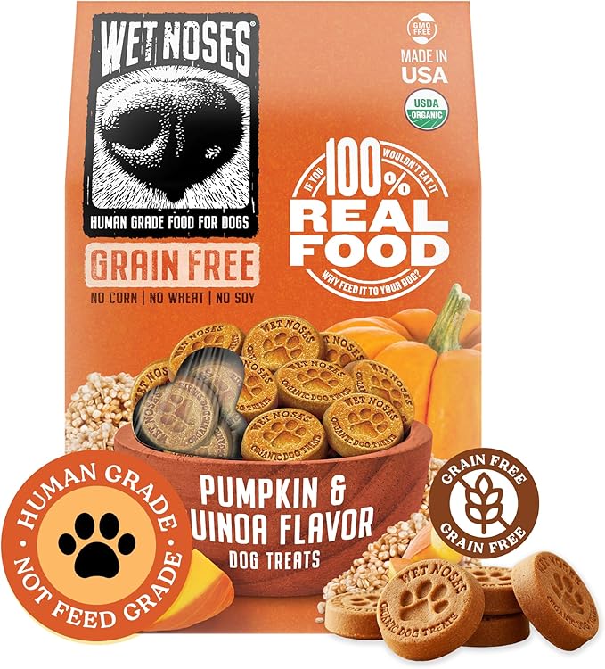 Wet Noses Organic Crunchy Dog Treats Grain Free – All-Natural, Human-Grade, Non-GMO, Healthy Training & Delicious Snacks for Dogs, for All Dog Sizes & Breeds – Pumpkin & Quinoa, 14oz (Single Pack)