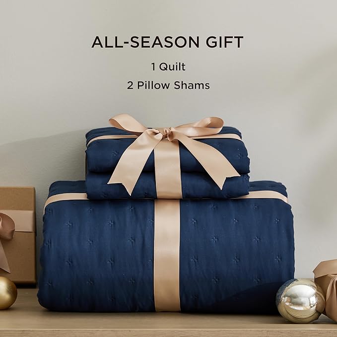 Bedsure Quilts Queen Size - Navy Blue Bedspread Queen Size & Lightweight Comforter, Modern Coverlet with Clover Pattern, Ultra Soft All-Season Bedding, 90 x 96 Inches | Stitch-Free Quilting, Ultra Soft, Lightweight, Machine Washable, Pet-Friendly