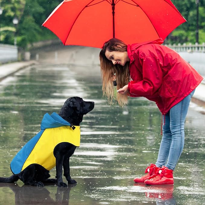 Dog Raincoats Waterproof, Puppy Raincoat for Small Dogs, Reflective Dog Rain Poncho, Safety Pet Rain Jacket, Doggy Raincoat Pet Rain Coats with Hood/Leash Hole/Reflective Strip - Yellow + Blue, S