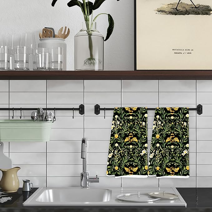 Vintage Moody Floral Bumble Bee Kitchen Towels, Dark Cottagecore Botanical Bee Dish Tea Towels for Kitchen Decor, Dark Academia Green Plant Hand Towels for Bathroom Decor, 16x24 Inch Set of 2