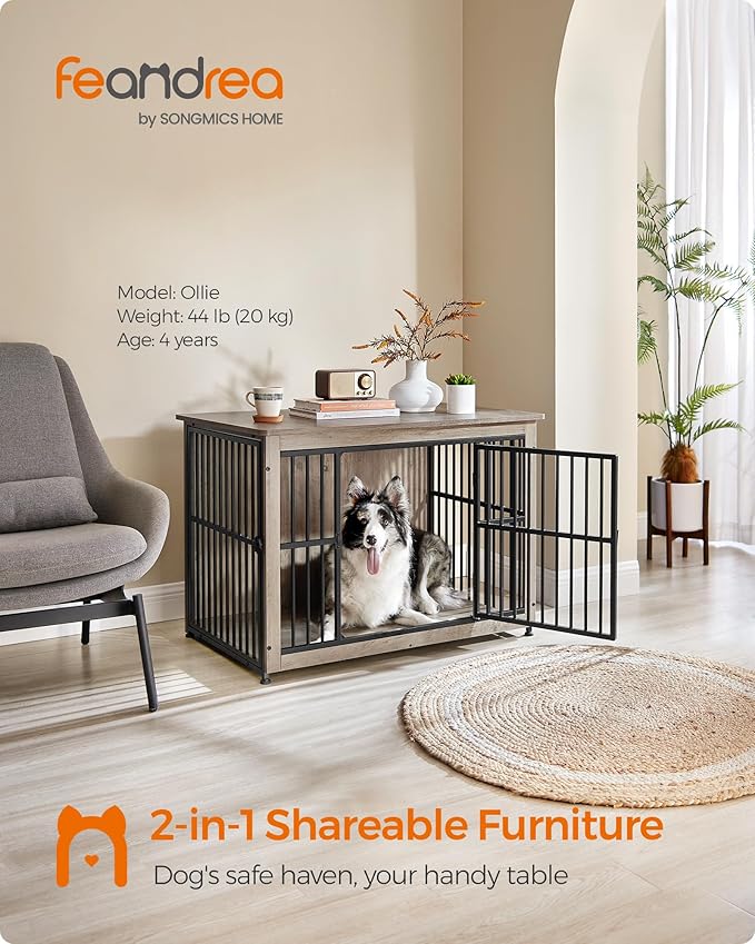Feandrea 38.6" Dog Crate Furniture, Heavy-Duty Dog Cage Side End Table, XL Pet Wood Kennel for Large and Medium Dogs up to 70 lb with Enclosed Base, Double-Door Pet House, Greige