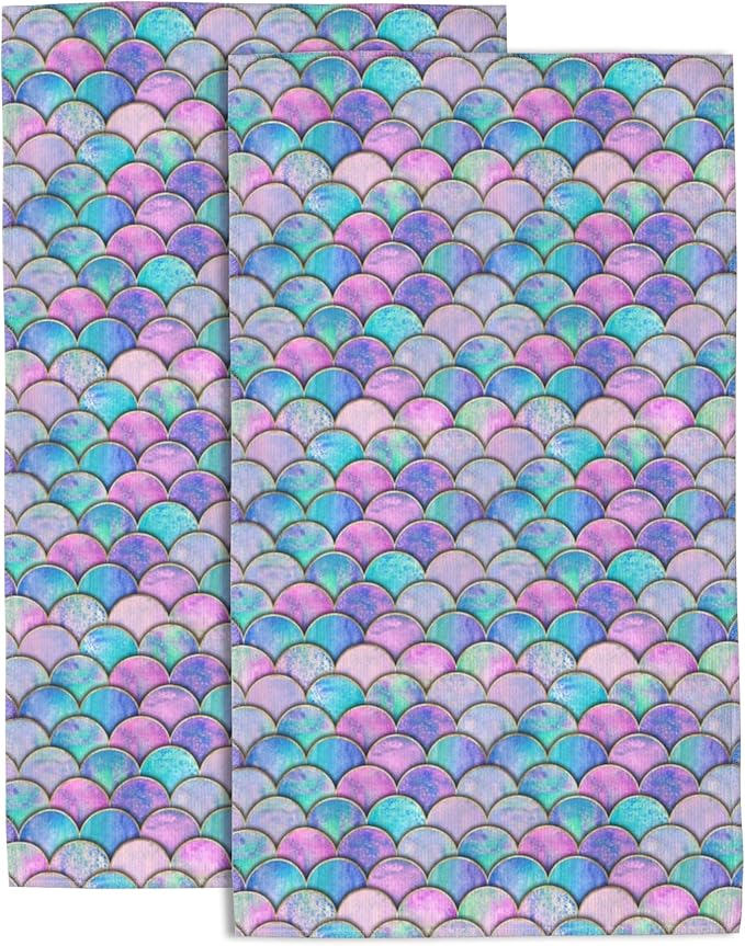 Hand Towels Set of 2 Mermaid Fish Scale Wave Towels for Bathroom Soft Absorbent Decorative Hand Bath Towels Dish Towels for Kitchen Sports Gym Yoga Home Decor 14 x 28 in
