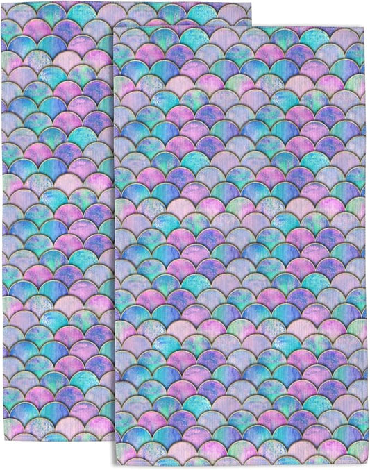 Hand Towels Set of 2 Mermaid Fish Scale Wave Towels for Bathroom Soft Absorbent Decorative Hand Bath Towels Dish Towels for Kitchen Sports Gym Yoga Home Decor 14 x 28 in