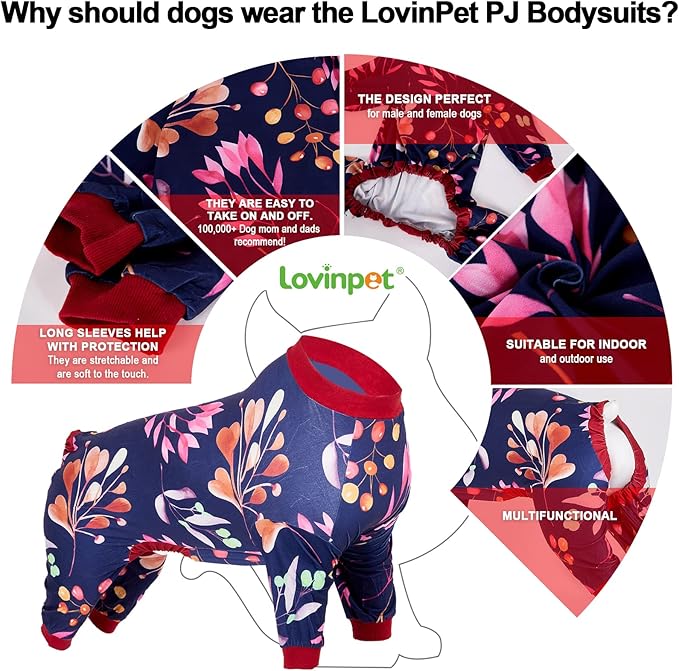 LovinPet Dog Pjs Large Breed, Navy Berries Print, Pitbull Jammies, Weimaraner Protective Clothing, Lightweight Pullover Dog Pajamas, Full Coverage Weimaraner Pajamas, Large