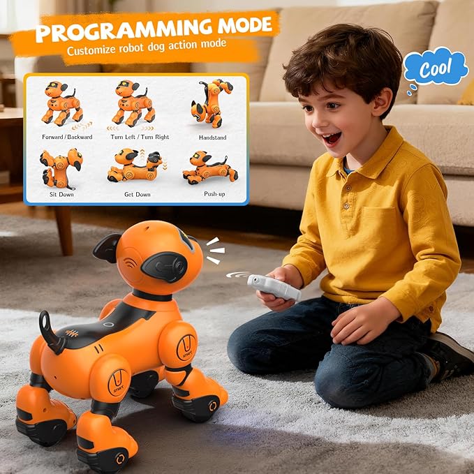 PRANITE Children's Remote Control Robot Dog, Programmable Toy Touch Interactive, Music Interactive Toy, with Follow Mode [Yellow]