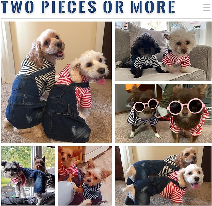 Small Dog Hoodie Clothes Cute Stripe Shirts Denim Jumpsuit One-Piece Outfit for Small Medium Dogs Cats Boy Girl Chihuahua Blue Jeans Overalls Puppy Costume (Blue,M)