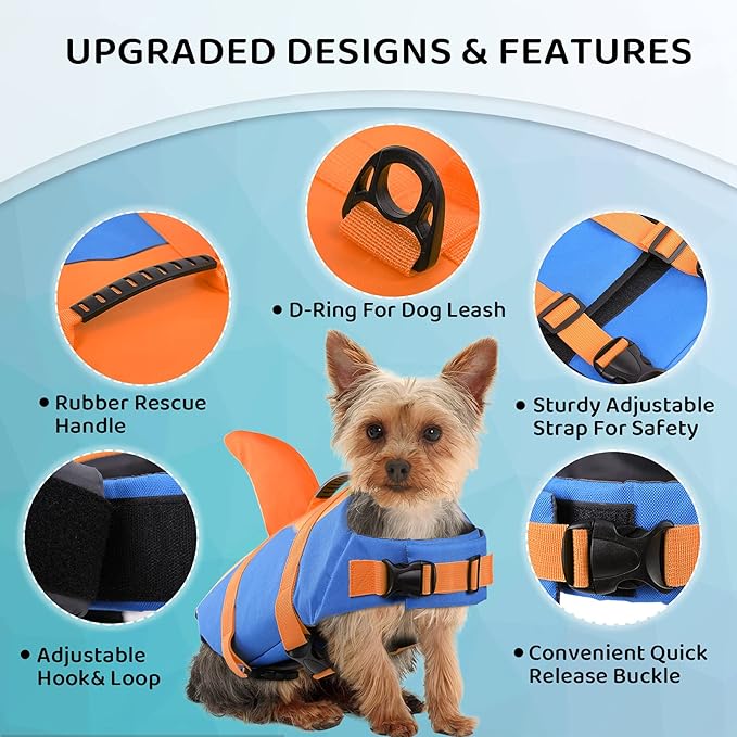 Queenmore Dog Life Jacket, Adjustable Dog Life Vest, Pet Lifesaver for Swimming, Shark Life Jacket with Rescue Handle, Rip-Stop Safety Vest for Small Medium Large Dogs