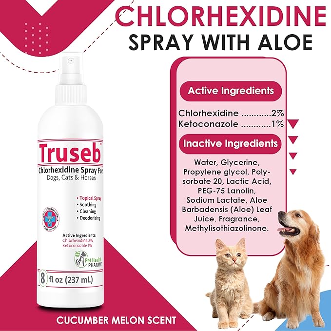 Truseb Medicated Chlorhexidine for Dogs Cats Horses Skin Spray with Aloe Vera - Medicated Ketoconazole Spray for Skin Irritation, Hot Spots, Redness Relief (8 oz)