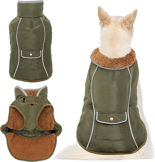 Dog Winter Coat - Warm Dog Clothes for Rain Snow Wind Cold Weather - Reflective Green Adjustable Windproof Pet Vest Jacket with Leash Hole for Small Medium Large Dogs Indoor Outdoor