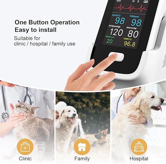 6 Parameters Veterinary Vital Signs Monitor,Bluetooth Veterinary Pulse Oximeter for Dogs, Rechargeable Blood Pressure Monitor for Pets,Oxygen Spo2 Monitoring Tools for Family Clinic Use