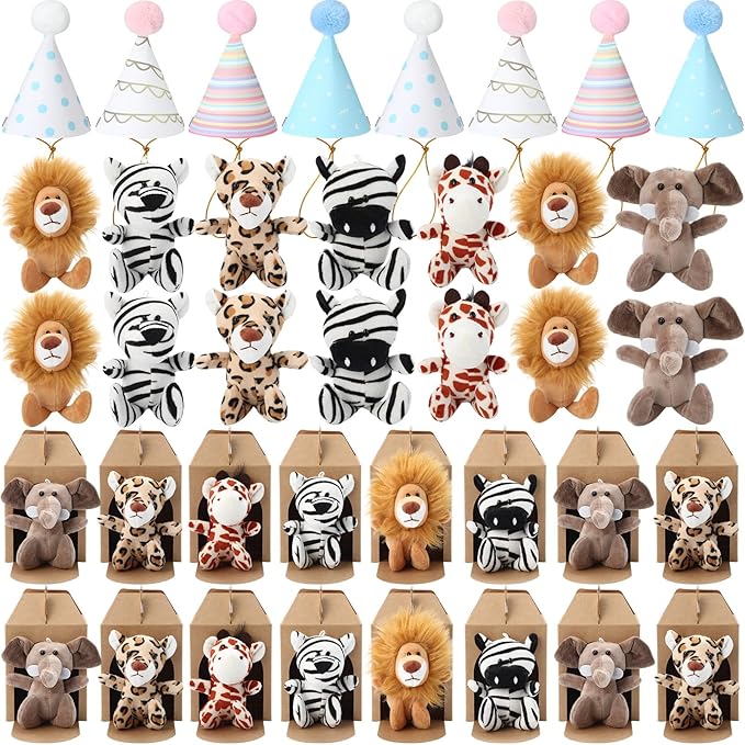 20 Set Safari Mini Jungle Animal Plush Toys Stuffed Forest Animals Plush Toys Set with Birthday Hats Kraft Paper Boxes Adopt Pet for Kid Theme Birthday Favor(Safari)