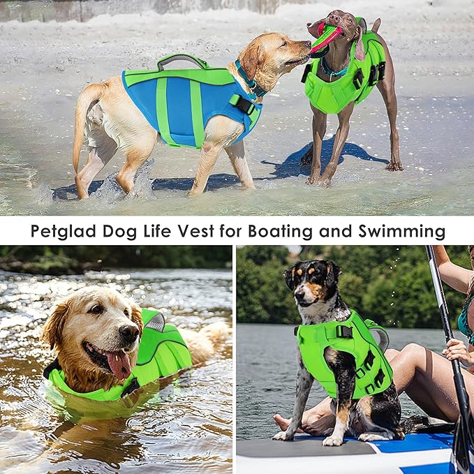 Dog Life Jacket, High Buoyancy Dog Life Vest with Handle for Swimming Boating, Adjustable Swimming Vest with Reflective Trim for Small Medium Large Dogs - Green, M
