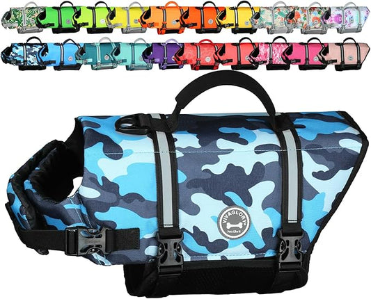 VIVAGLORY Rip Stop Dog Life Vest, Swimming Vest with Handle, Buoyancy for Doggy Puppy, Dog Life Jacket for Swimming & Boating, M, Camo Blue