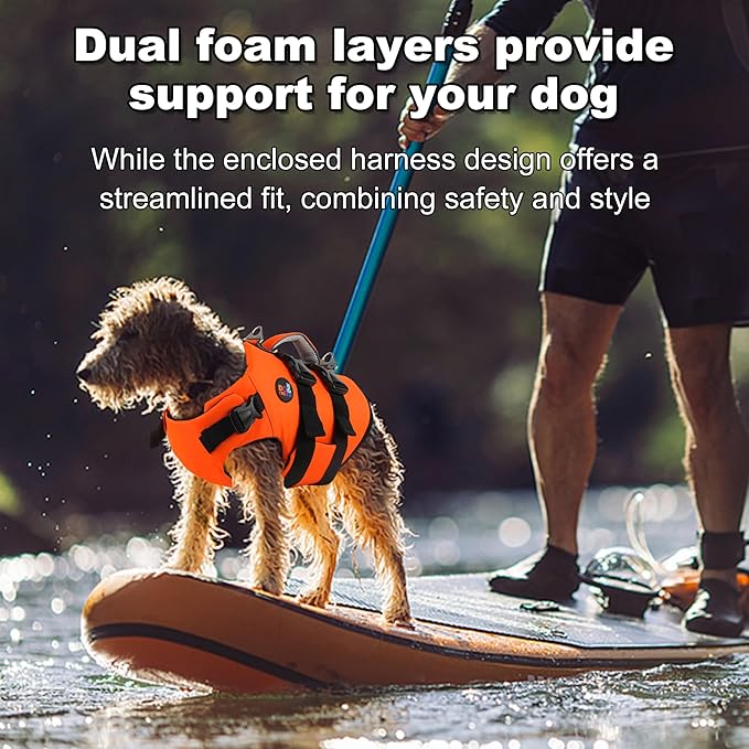 Dogcheer Dog Harness Life Jacket, High Buoyancy Neoprene Dog Life Vest for Swimming Boating, Adjustable Puppy Swim Vest Reflective Pet Float Vest for Small Medium Large Dogs - Orange, S
