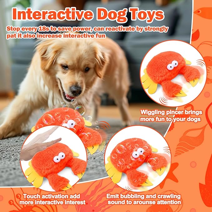 Mity rain Interactive Dog Toys, Crab Dog Toy That Wiggle Pinchers, Dog Toys to Keep Them Busy, Touch Activated for Small/Medium/Large Puppy Enrichment, Rechargeable Pet Toy Plush, Squeaky Dog Toy