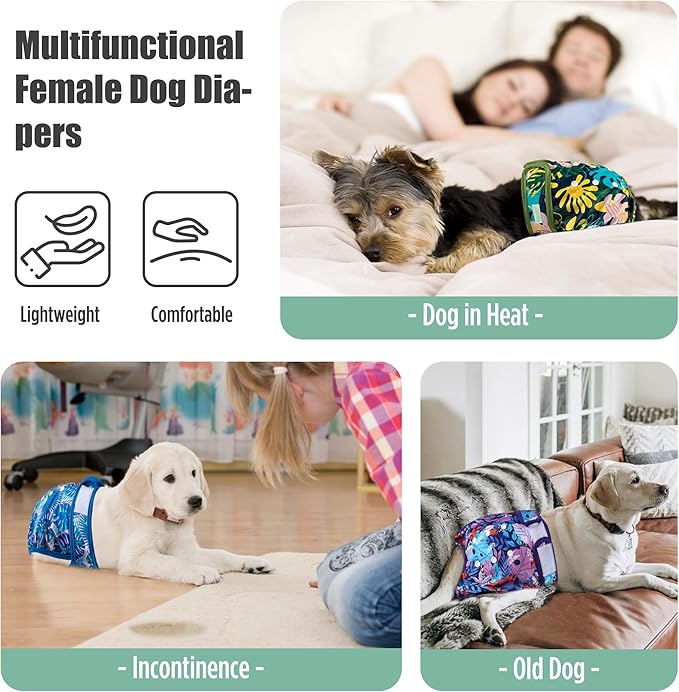 wegreeco Female Dog Diapers, Washable Reusable Pet Puppy Doggie Diapers for Small Medium Large Female Dogs in Heat Period, Doggy Period Panties X-Large, Leaf