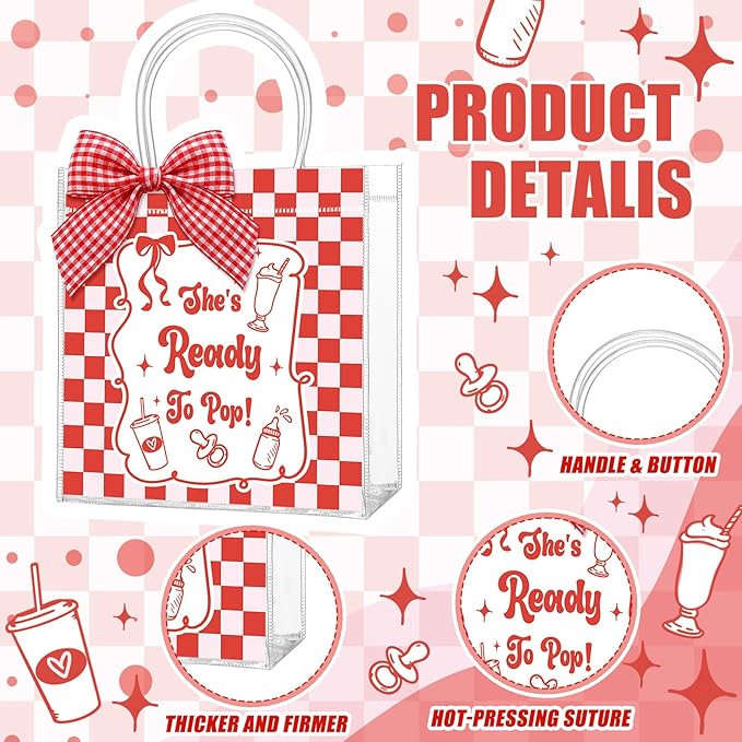 SilTriangle 24 Pcs She's Ready to Pop Baby Shower PVC Gift Bags with Handles Plastic Gift Bags Reusable Coquette Red Gingham Ribbon Tote Bulk Red Soda Gender Reveal Baby Shower Party Decorations