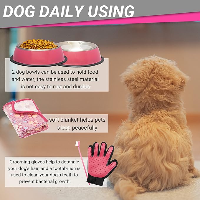 FLYSTAR Puppy Starter Kit for Small Dogs, 26 pcs Dog Supplies, Dog Toys, Collar & Leash, Training Clicker, Treat Bag, Poop Waste Bag with Dispenser, Blanket, Grooming Glove, Bowls, Toothbrush, etc