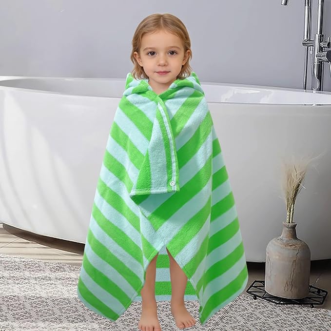 VOOVA & MOVAS Toddler Hooded Bath Towels 0-3T, 25''X40, Soft | Thick | 100% Cotton | Absorbent Towel Wrap for Baby, Perfect for Beach, Pool, Bath, Swimming,Green Stripe