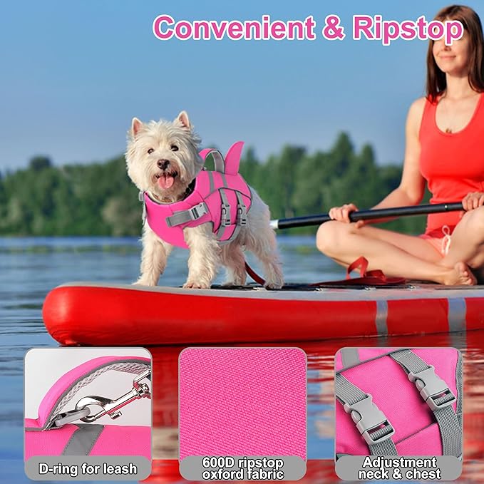 Dogcheer Shark Fin Dog Life Jacket, Adjustable Dog Harness Life Vest for Swimming Boating, Reflective Puppy Swim Vest Pet Flotation Device for Small Medium Large Dogs -Pink, XS