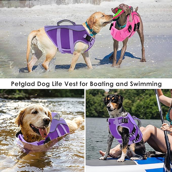 Dog Life Jacket, High Buoyancy Dog Life Vest with Handle for Swimming Boating, Adjustable Swimming Vest with Reflective Trim for Small Medium Large Dogs - Purple, L