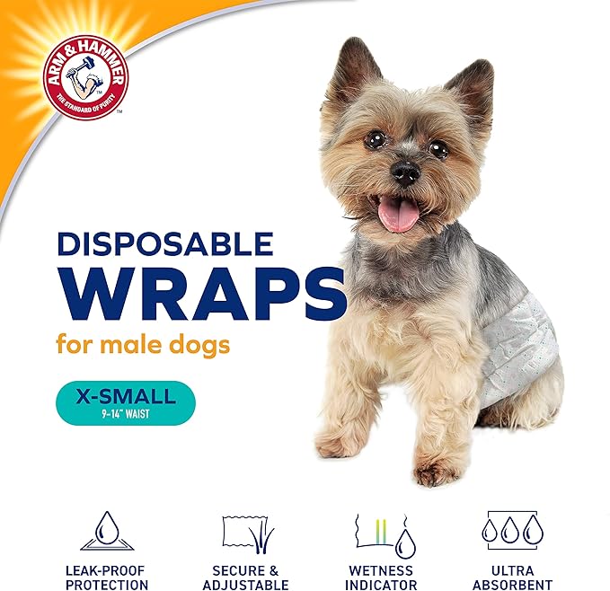 Arm & Hammer X-Small Male Dog Wraps, Disposable Belly Band Diapers with Baking Soda Odor Control, Super Absorbent Leak Resistant Design for Marking and Incontinence, 9-14 Inch Waist, 12 Count - 6 Pack